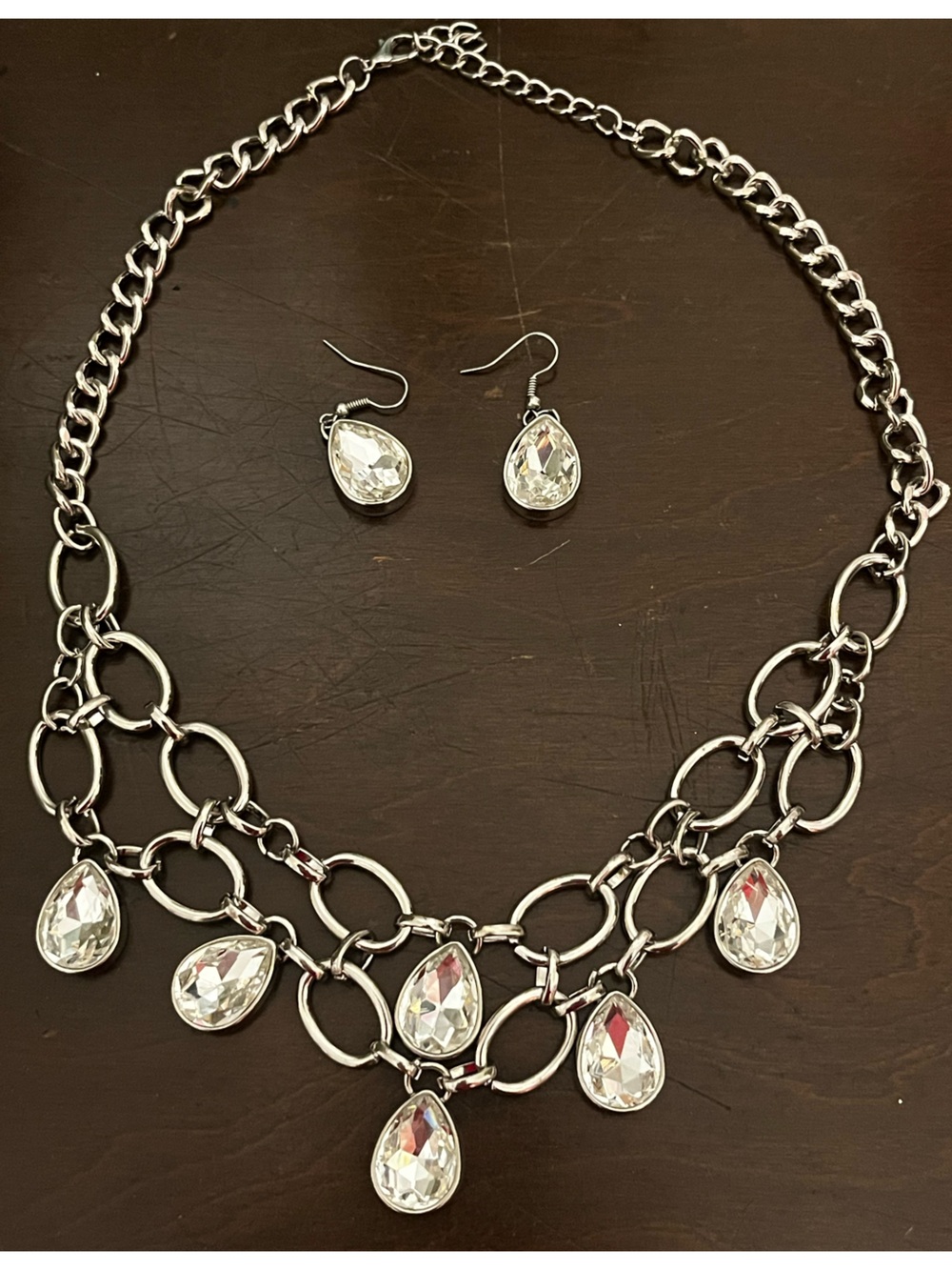 Silver-Tone Teardrop Crystal Statement Necklace and Earring Set
